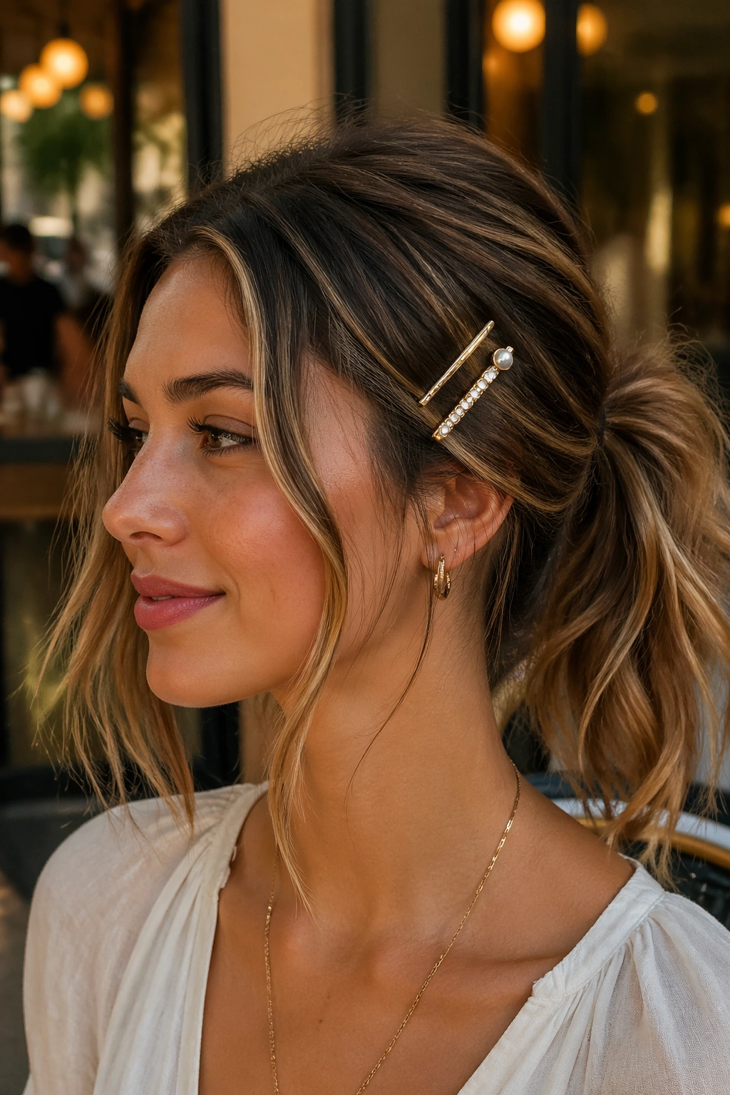 Close-up of a real woman with a messy ponytail and hair clips in golden hour street light