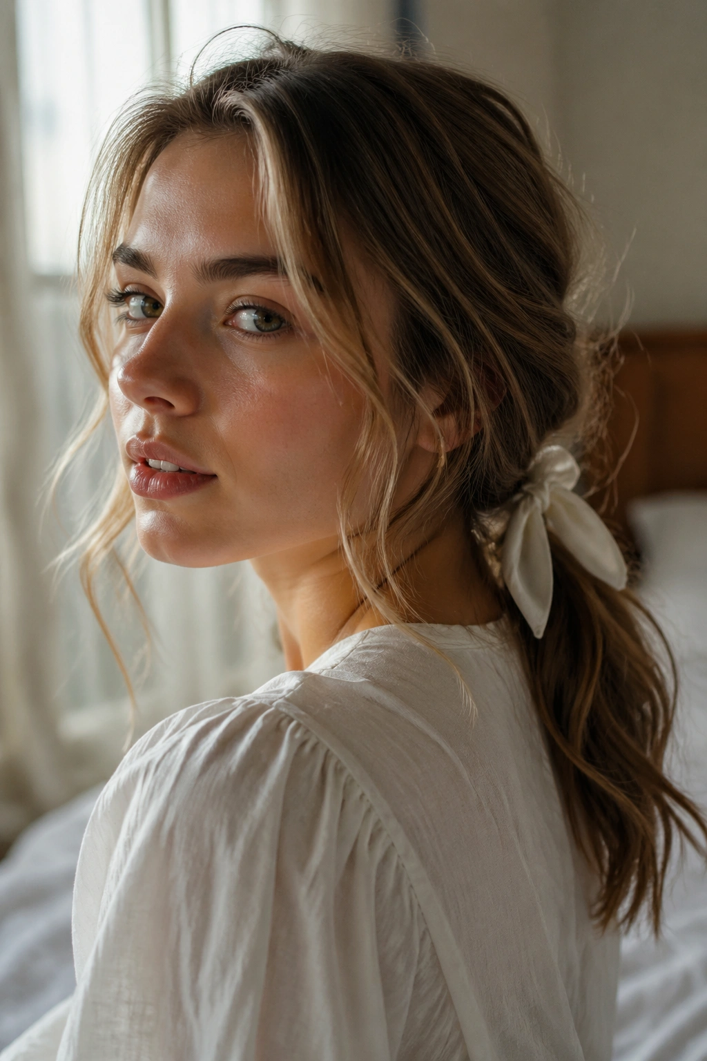 Close-up portrait of a woman with a messy low ponytail, ribbon, and loose tendrils in soft window light