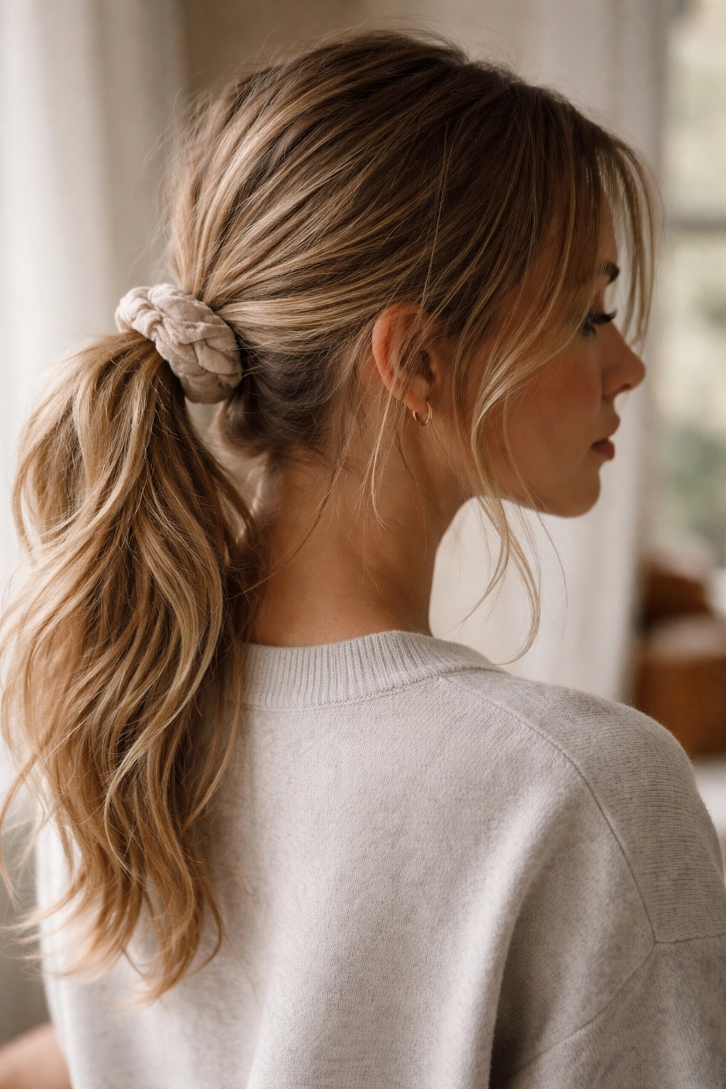 Low-Messy Ponytail with Texture: loose, textured hair around face