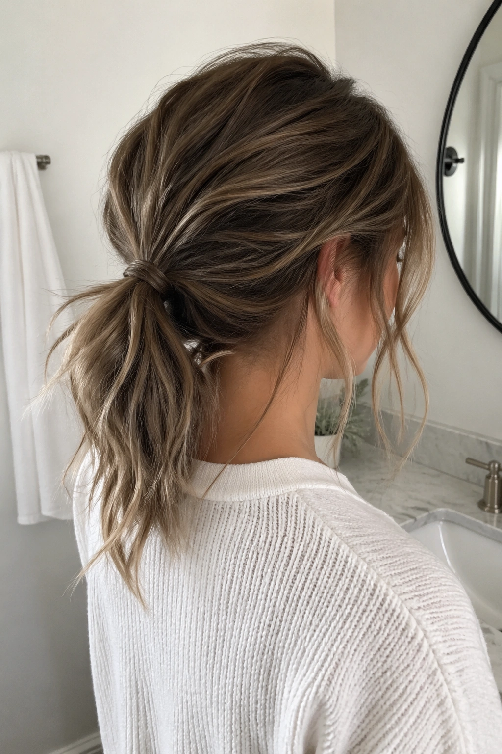 Over-the-shoulder view of messy low ponytail with texture