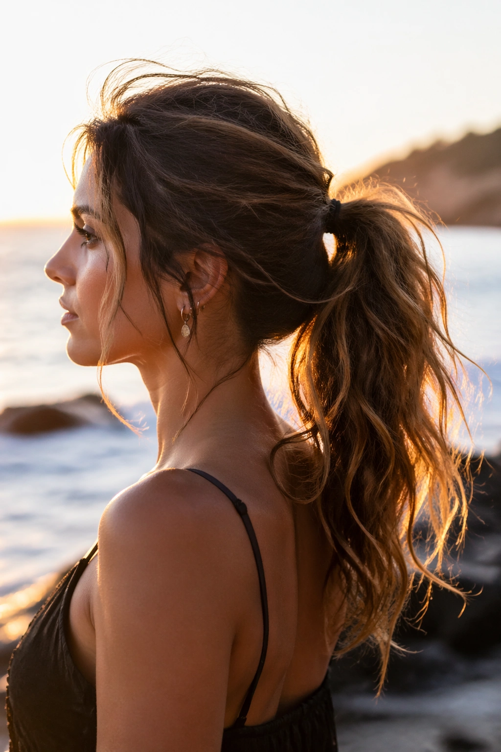 Messy textured ponytail with airy lift on beach