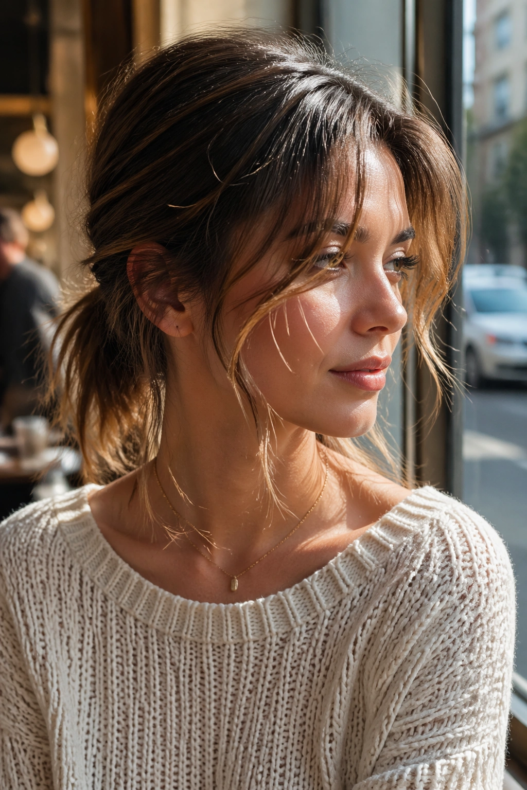 Portrait of a real woman with a messy low ponytail and wispy pieces at the temples in cafe lighting.