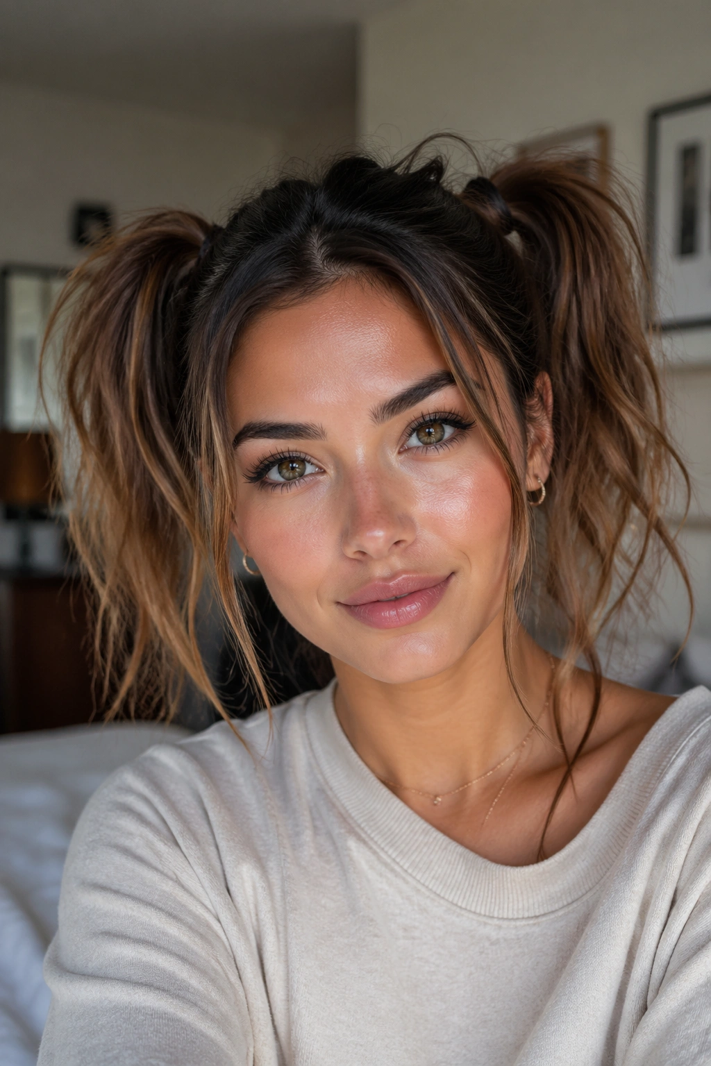 Portrait of a real woman with messy double ponytails and loose strands