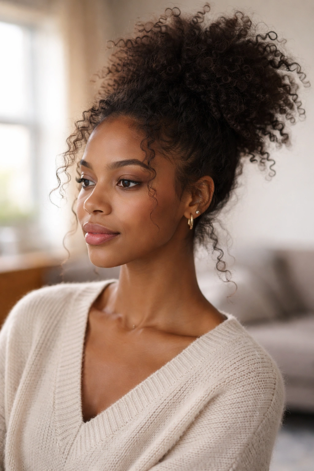 Close-up of a real woman with a deliberately messy afro puff and loose strands