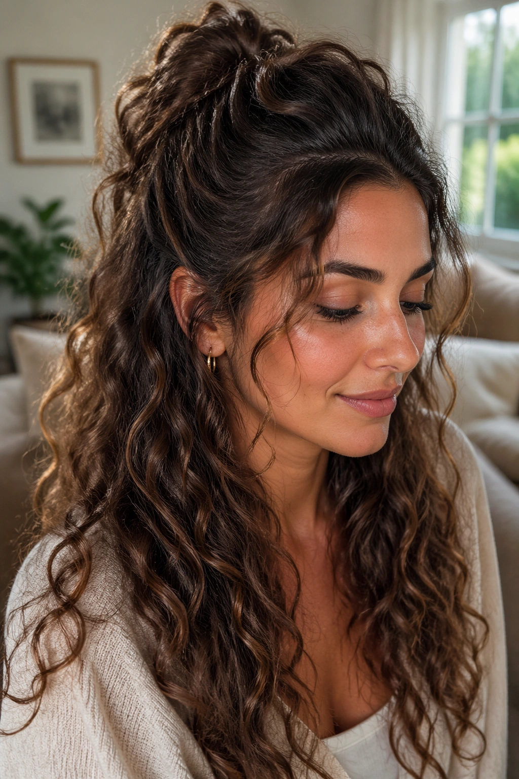 Close-up of a real woman's messy romantic half ponytail with loose pieces