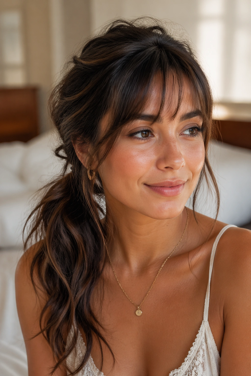 Close-up of a real woman with a messy side ponytail and face-framing bangs in warm bedroom light