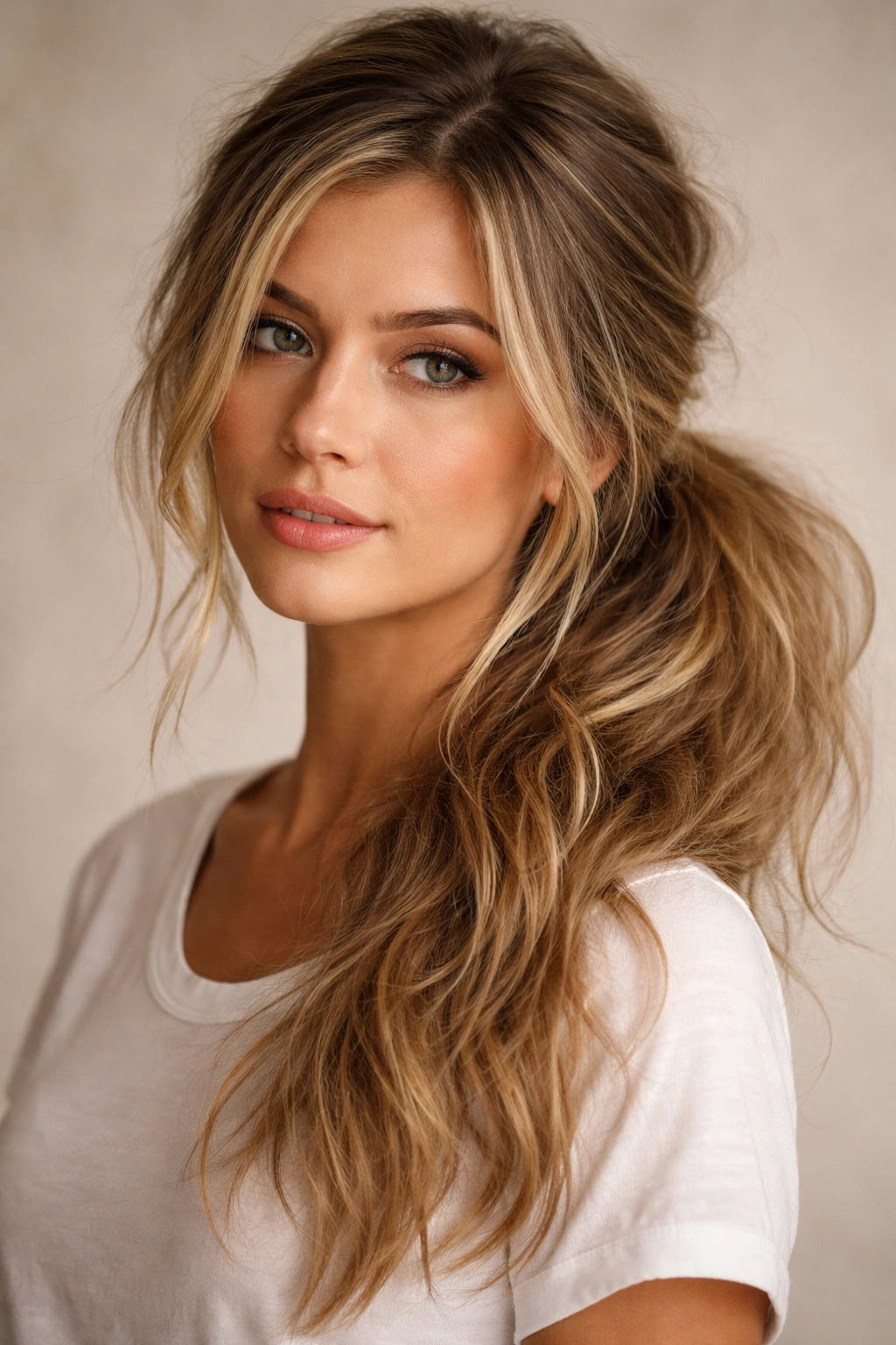 Casual messy side ponytail with textured strands