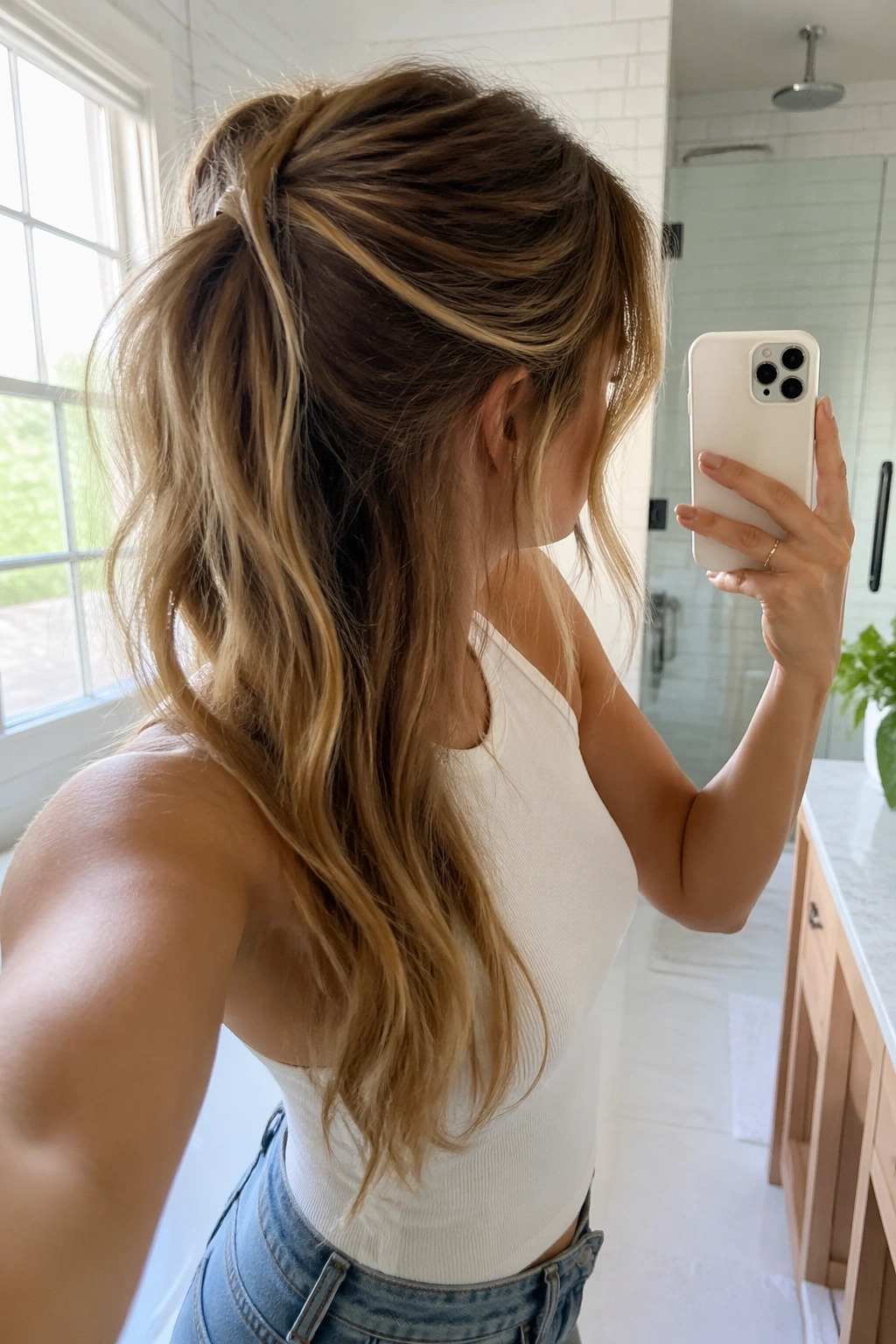 Messy texture half-up ponytail with loose strands.