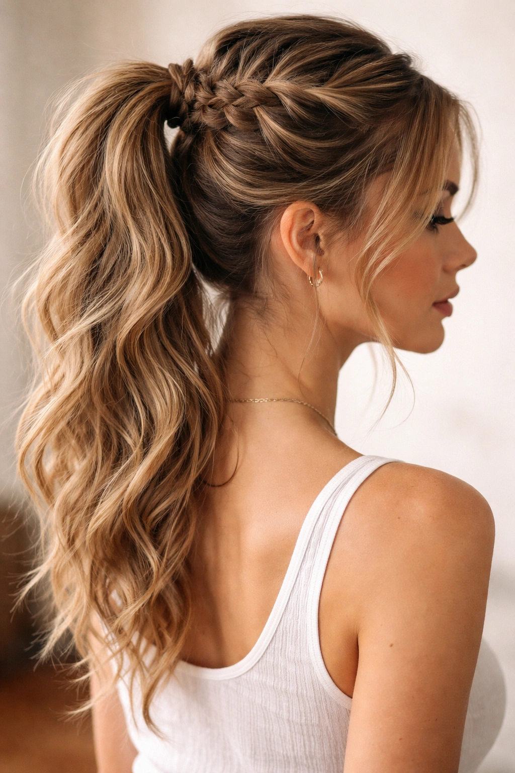 Textured French braid with loose pieces and a relaxed ponytail