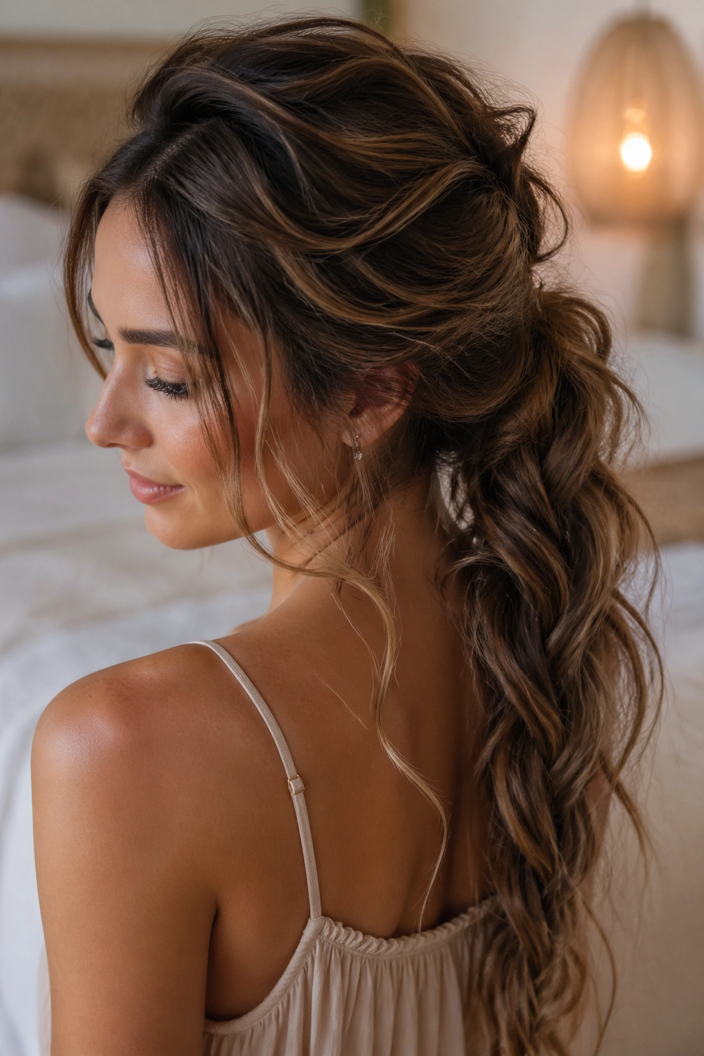 Close-up of a real woman with a messy textured braided ponytail in warm window light