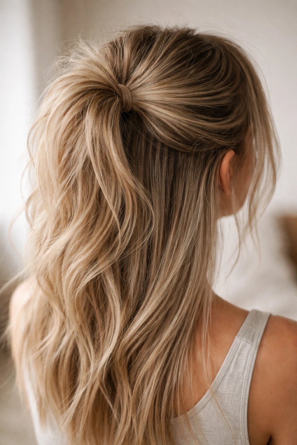 Top section pulled into a loose textured crown on straight hair