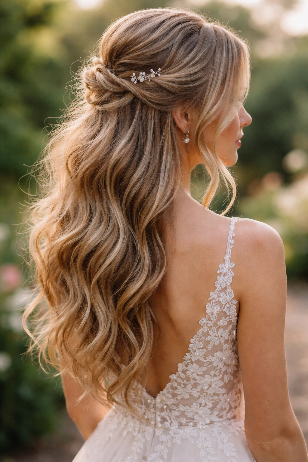 Close-up of a messy textured bridal half-up with loose crown pieces and soft waves.
