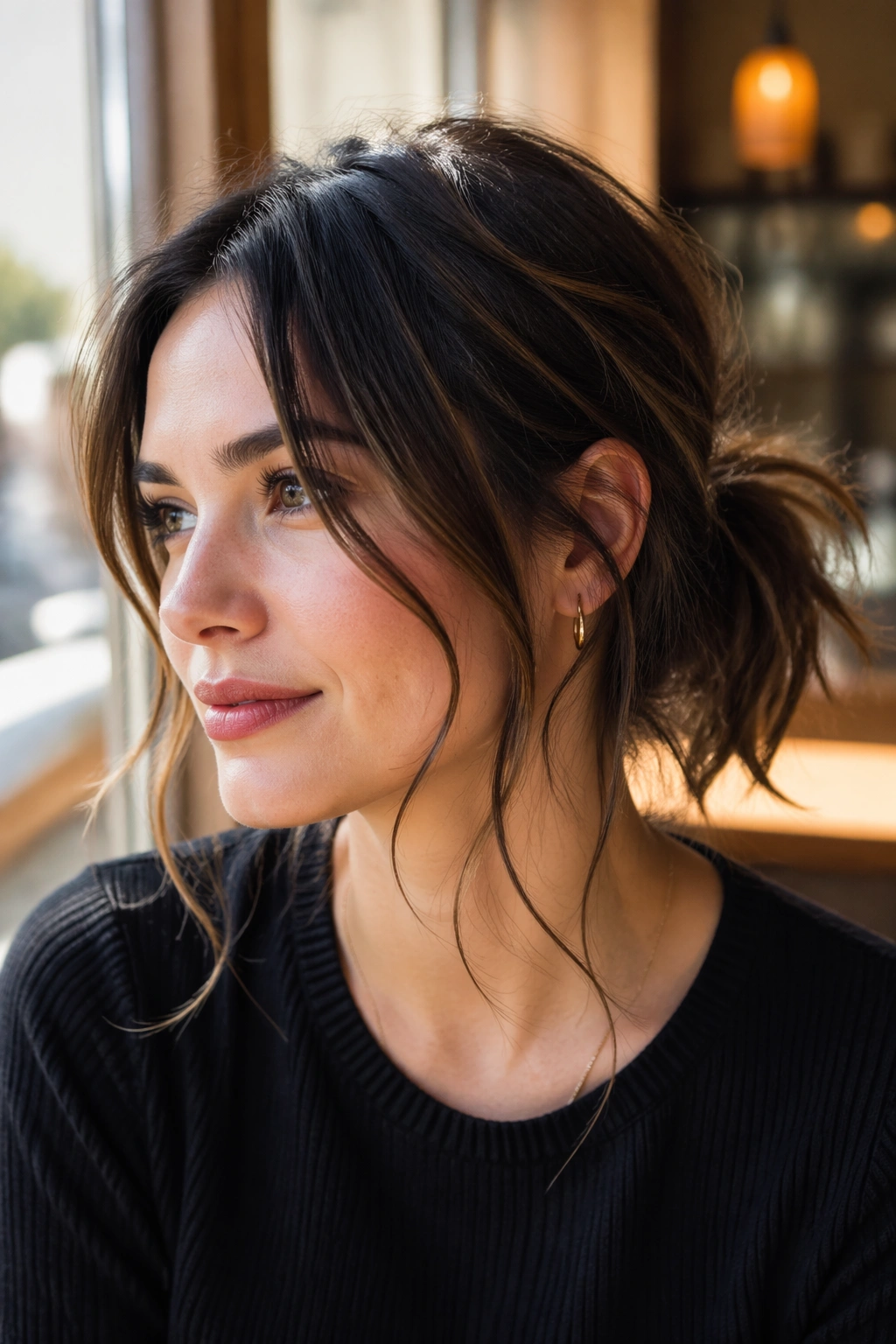 Close-up of a real woman with a textured pony and tendrils around the face