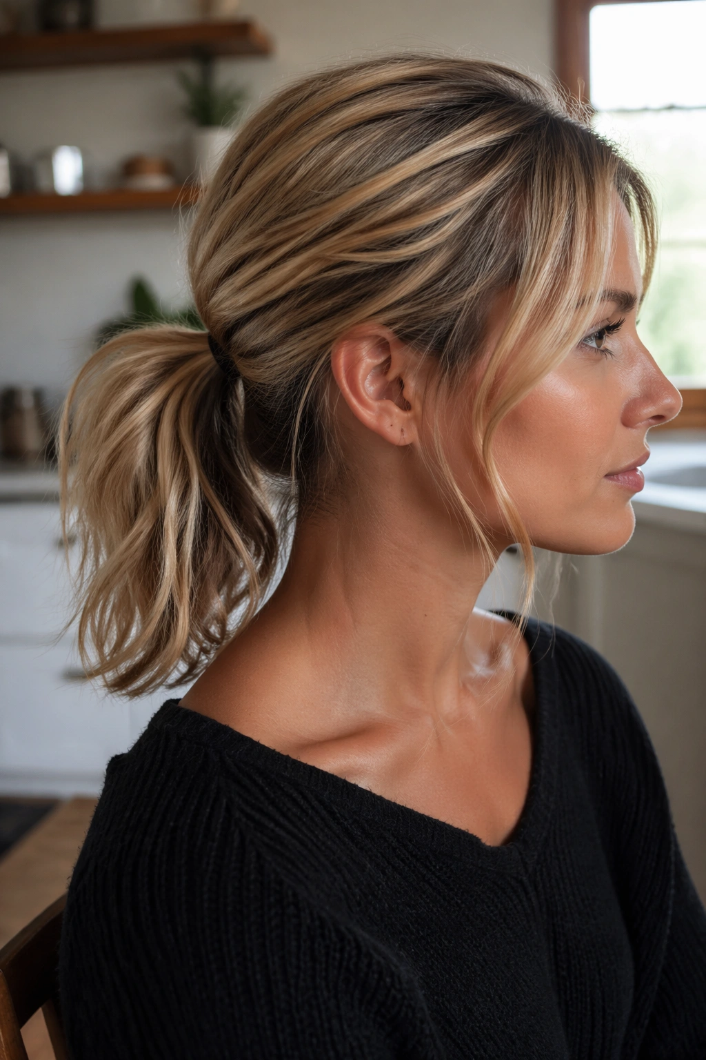 Side profile of real woman with a messy textured ponytail for grip on straight hair.