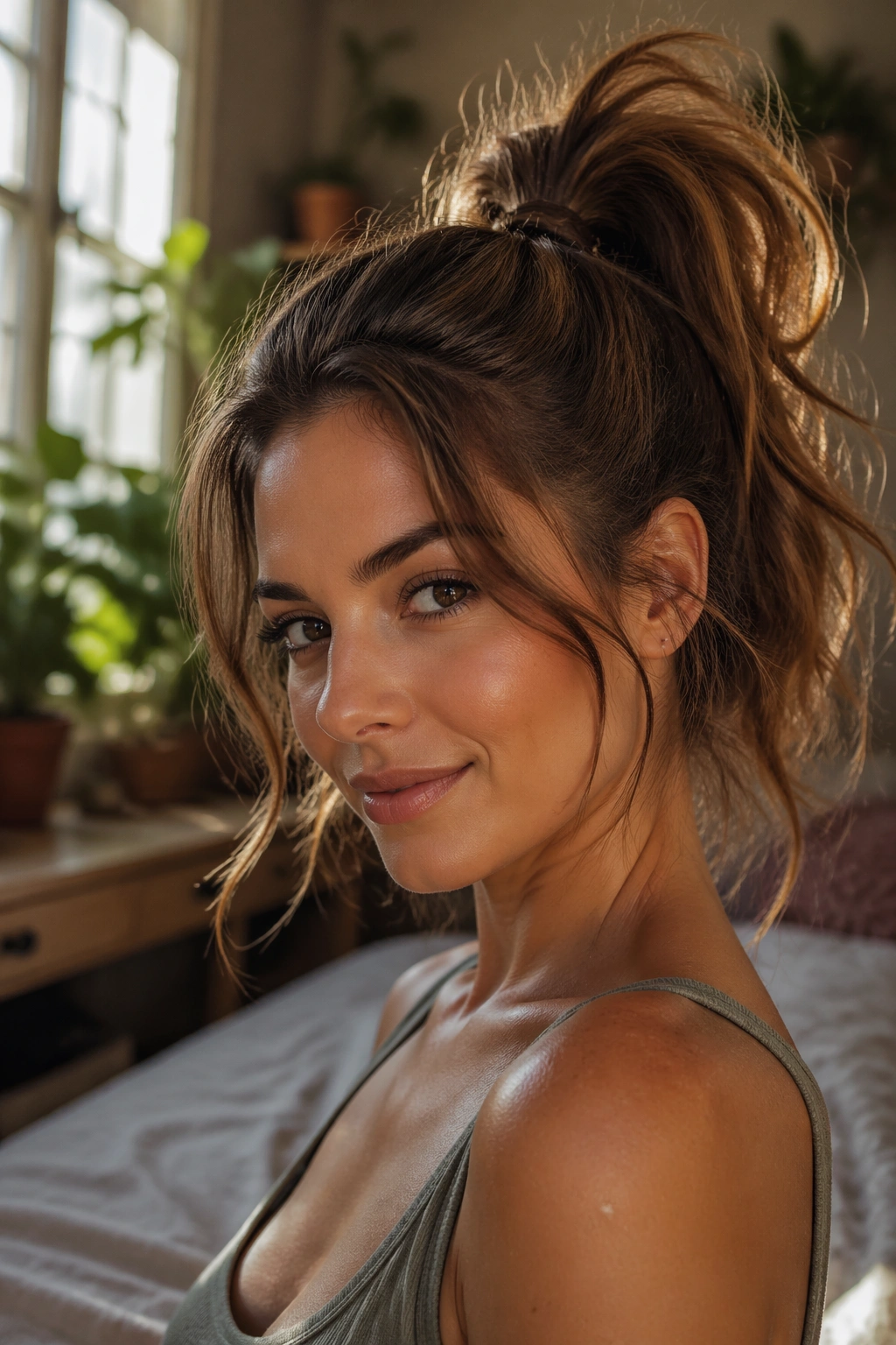 Close-up of a real woman with a messy textured ponytail in warm natural light