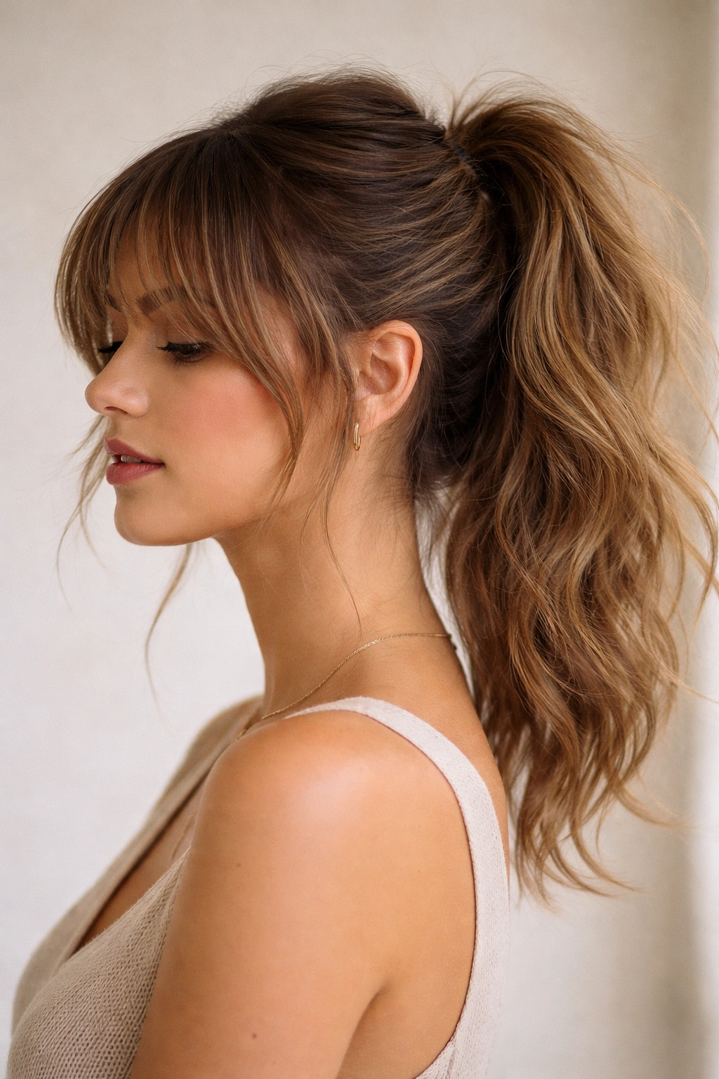 Messy textured ponytail with piecey bangs and frame around the face