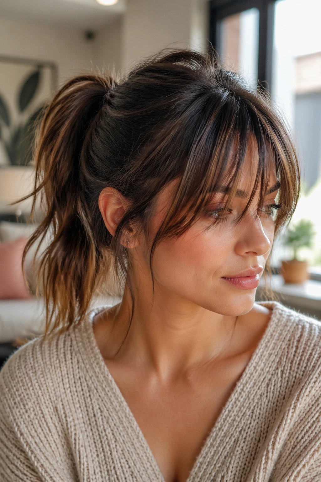 Close-up portrait of a real woman with a messy textured ponytail and piecey bangs in natural light