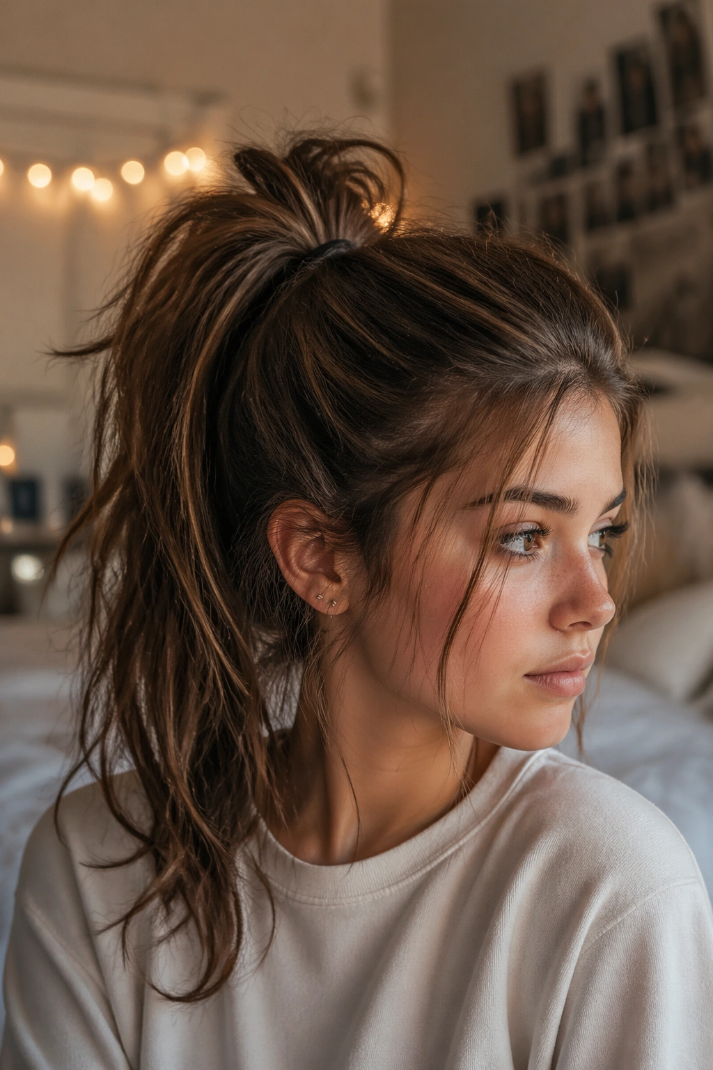 Teen with messy textured ponytail in cozy room