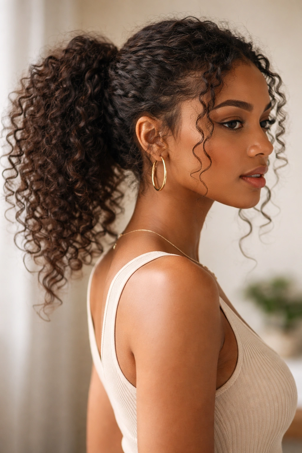 Messy Textured Ponytail with Tendrils close-up showing a loose textured tail and face-framing tendrils