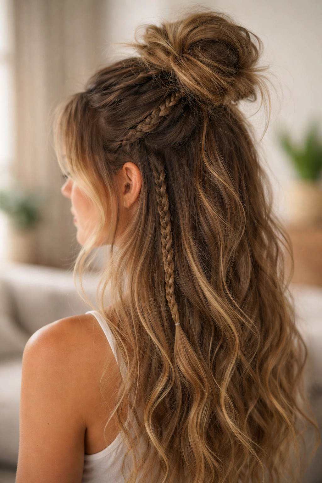Two side braids leading into a messy bun at the crown