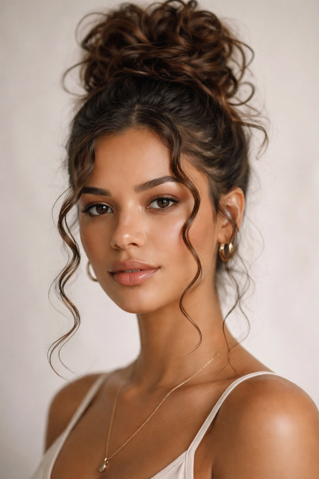 Messy top knot with face-framing tendrils in curly hair