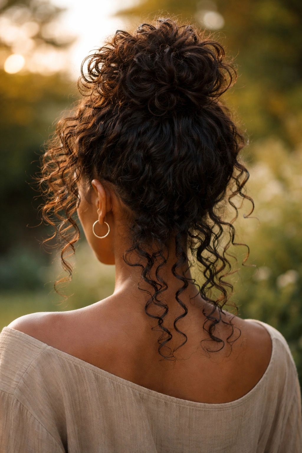 Back view of a real woman with a messy top knot and cascading nape curls in golden hour garden light.