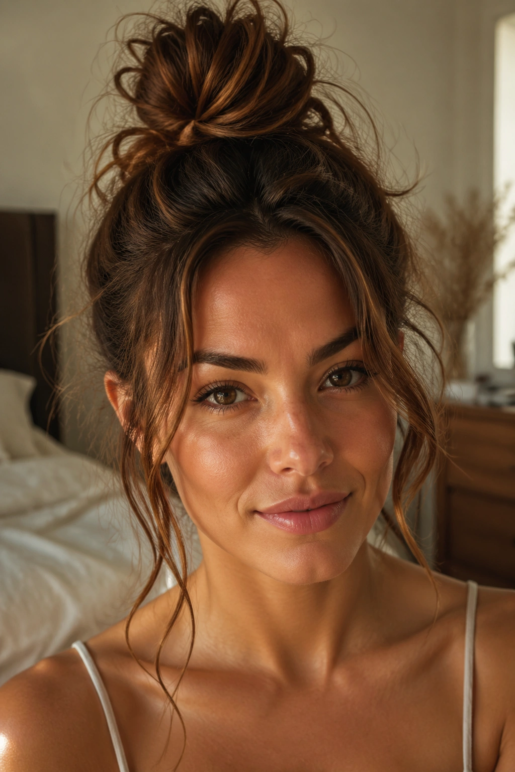 Close-up of a real woman with a messy top knot and loose tendrils