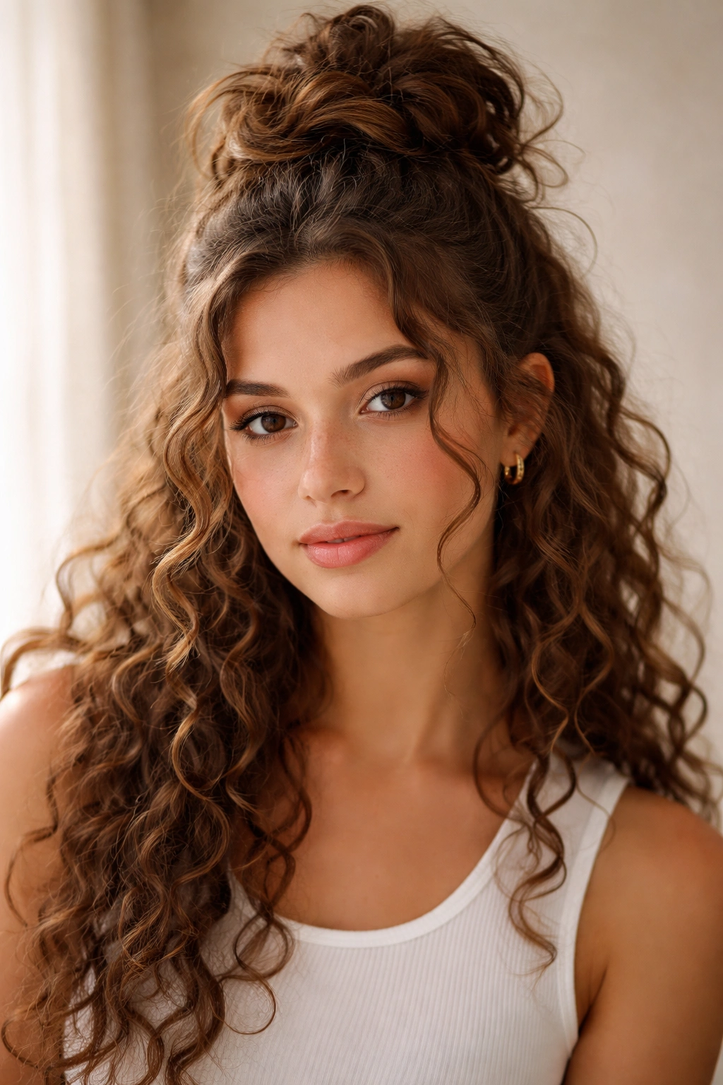 High messy top knot on long curls with face-framing strands around the temples