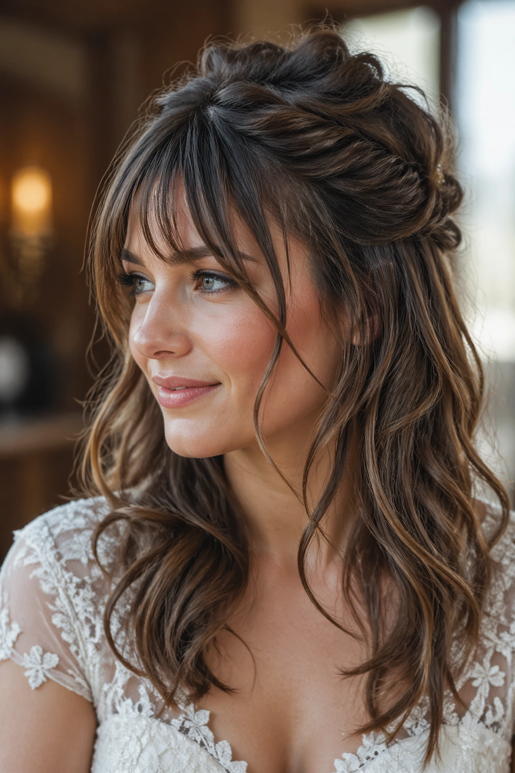 Bride with messy twist and layered bangs in bridal setting