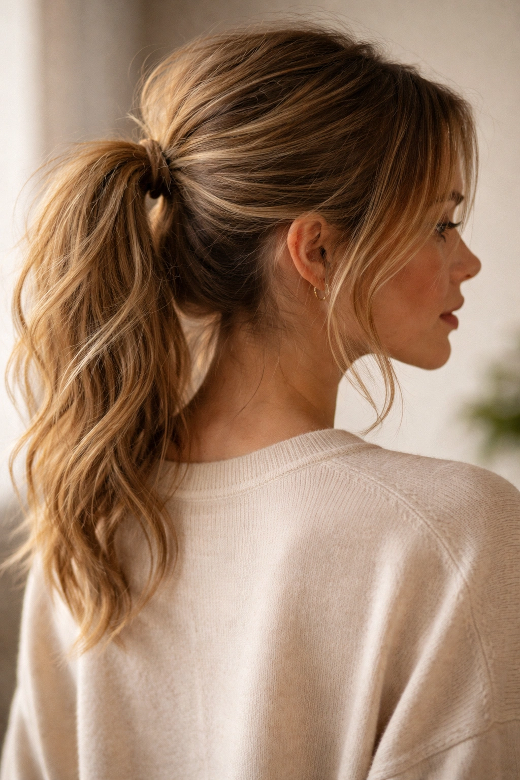 Messy undone mid ponytail with textured hair and wisps around the temples