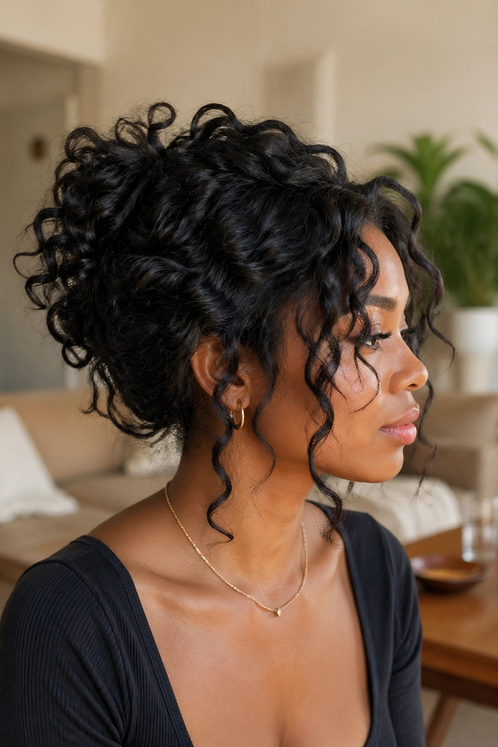 Real woman with a messy wand curl updo and face-framing wisps