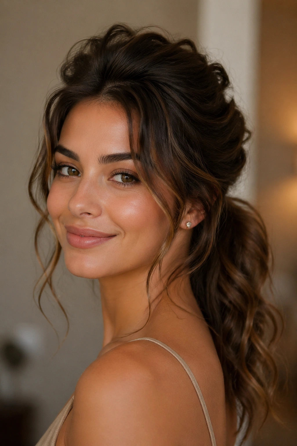 Real woman with messy wavy ponytail and crown volume