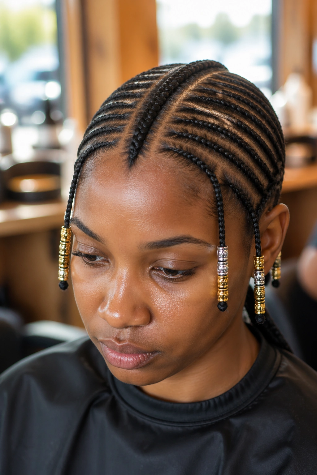 Close-up of Fulani cornrows with mixed metal beads at the ends of side braids on a real person