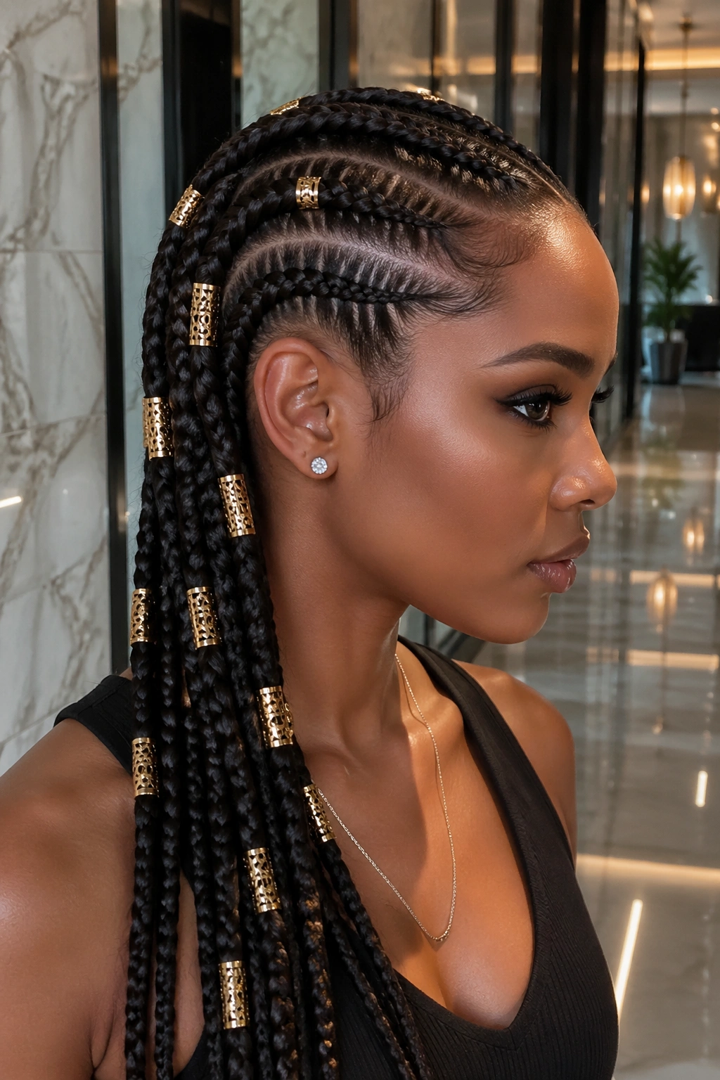 Real person with metallic cuff beads on feed-in cornrows