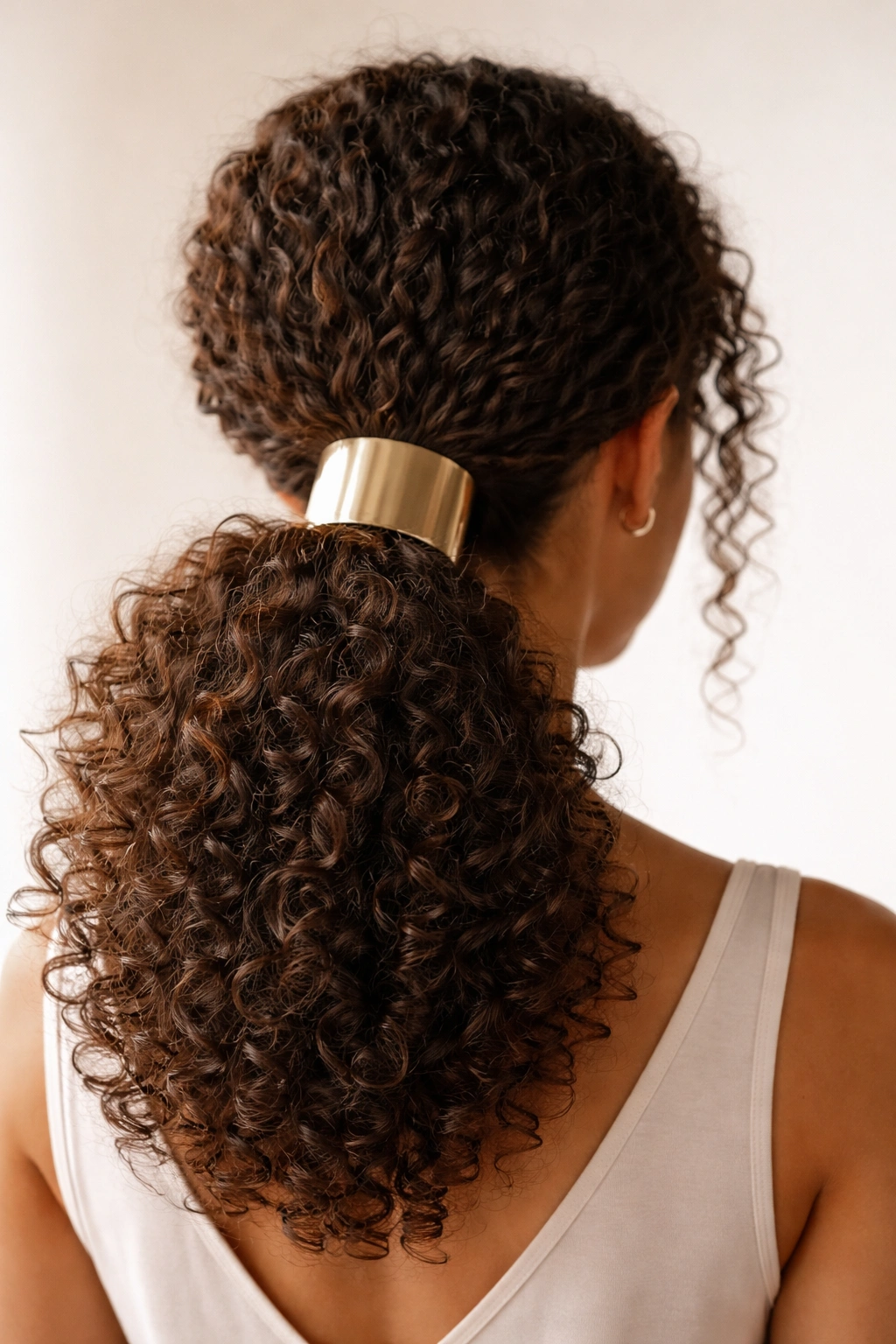 Back view of a curly ponytail with a wide metal cuff at the base