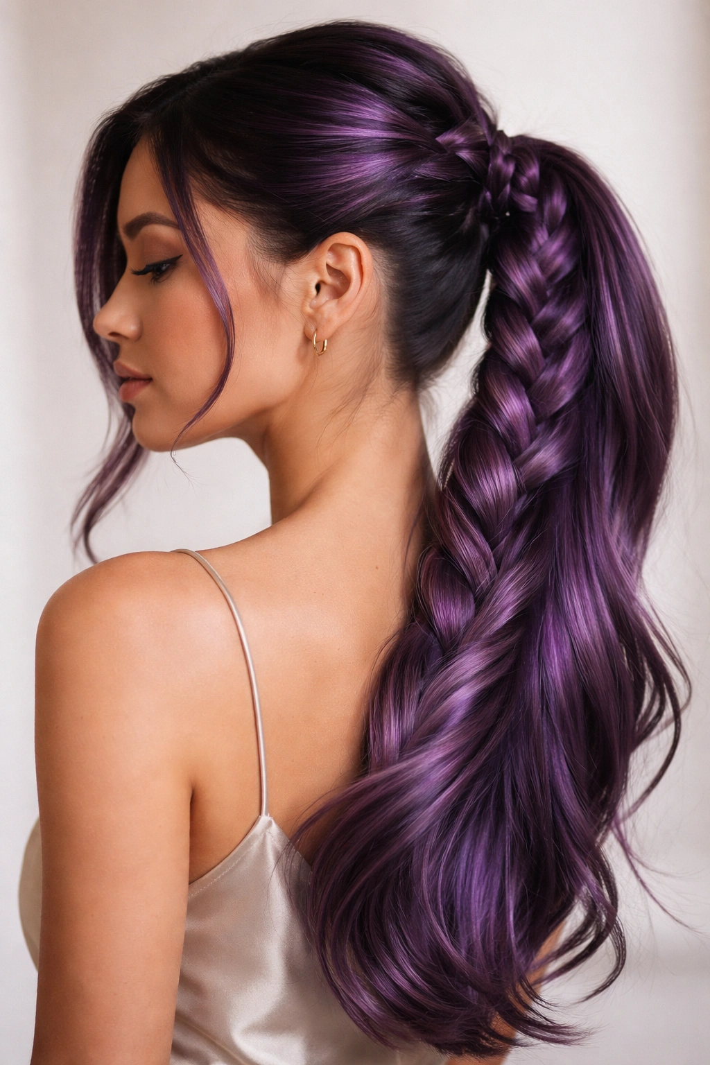 Side view of metallic amethyst side-braid ponytail with shoulder placement.