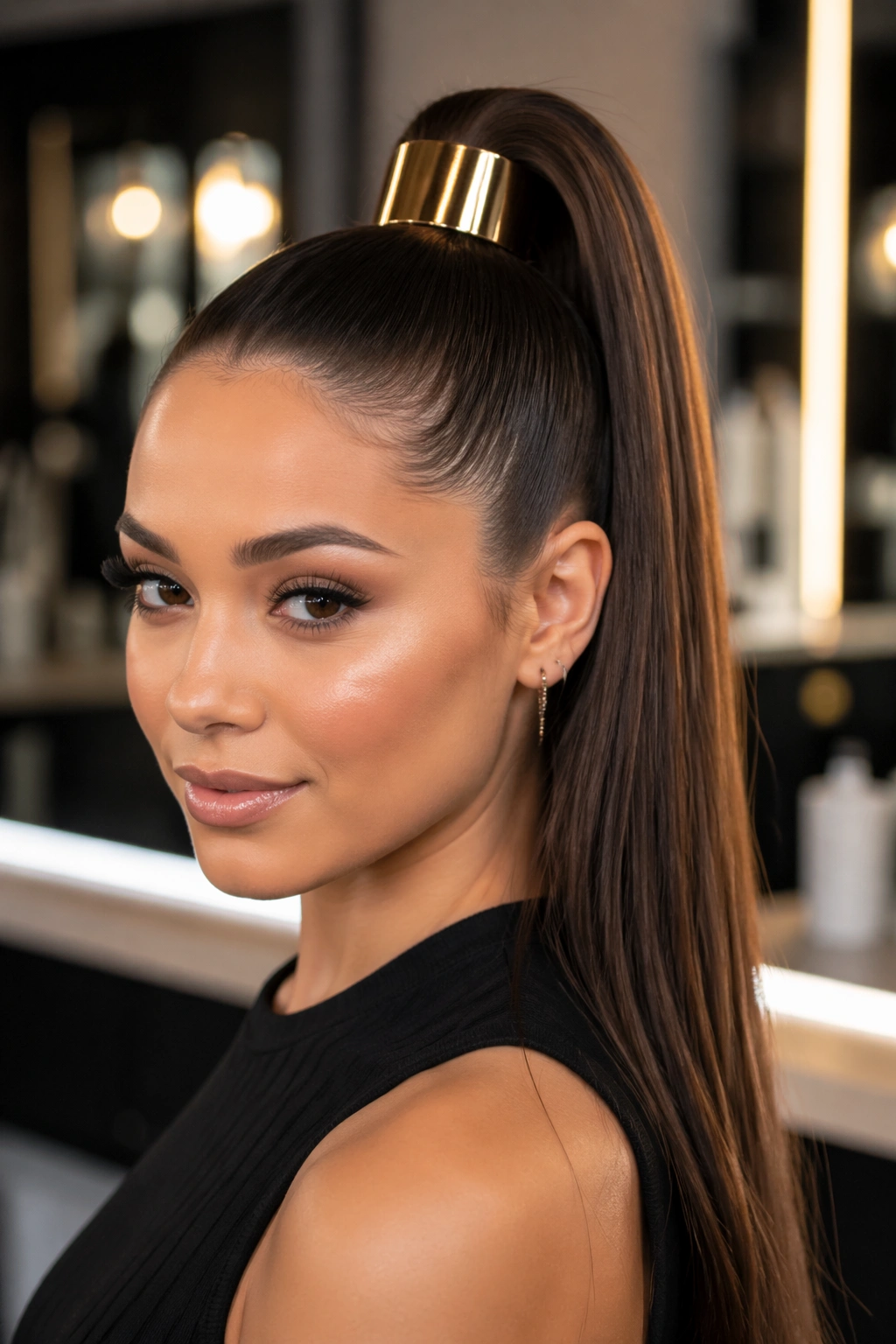 Portrait of real woman with high ponytail secured by metallic cuff at base.