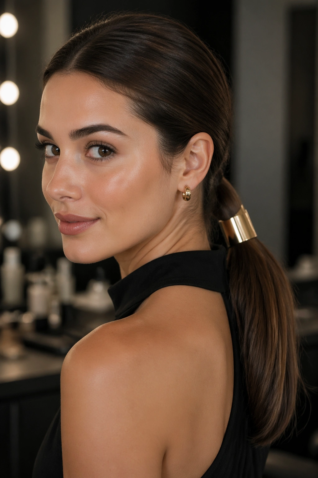 Close-up of a real woman with a ponytail wrapped with a metallic cuff, cuff visible around the hair.