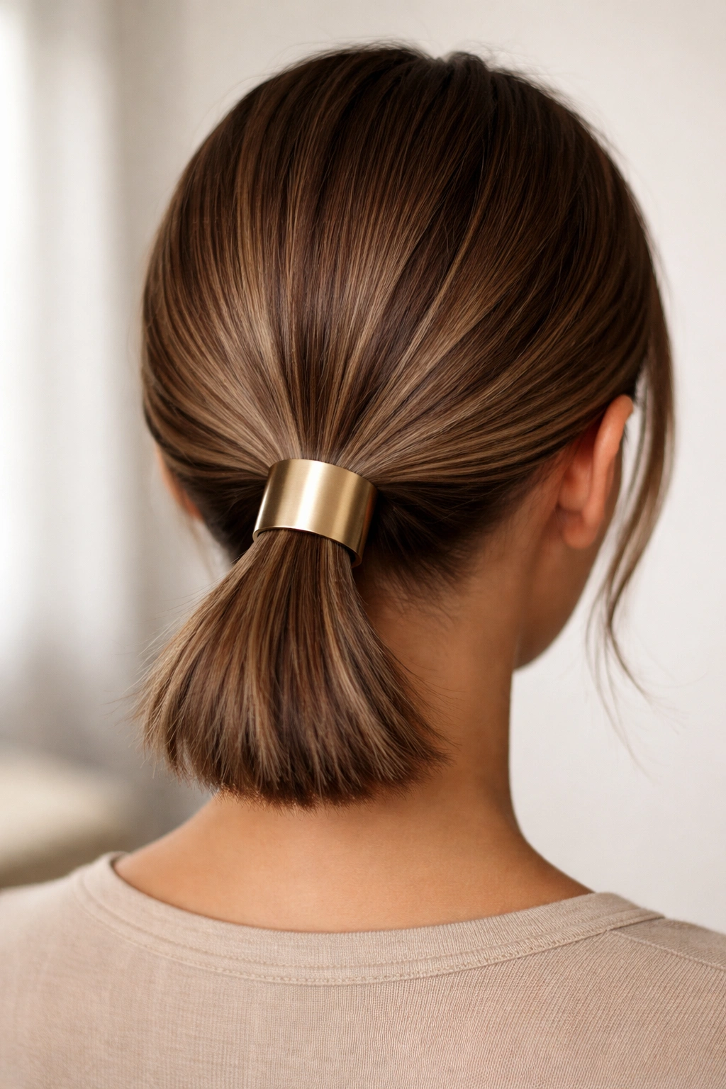 Low ponytail secured with a metallic cuff at the base