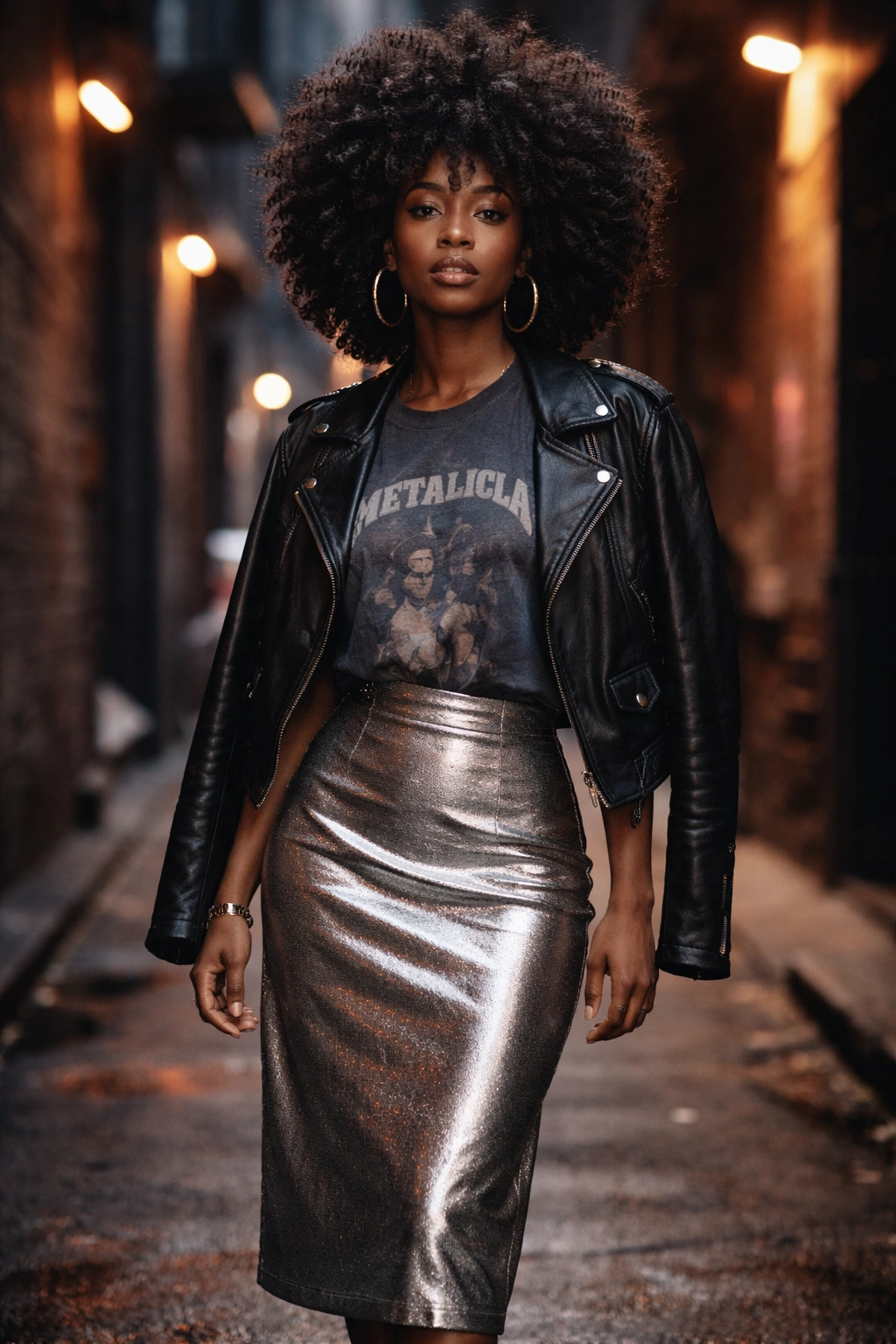 Real woman in metallic midi skirt with vintage tee and leather jacket in moody setting