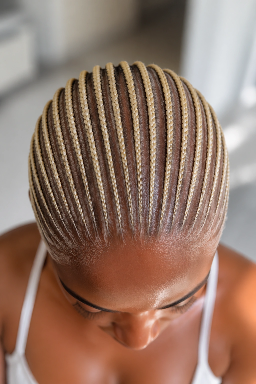 Close-up scalp view of 15-20 micro 613 cornrows creating a ticker-tape pattern