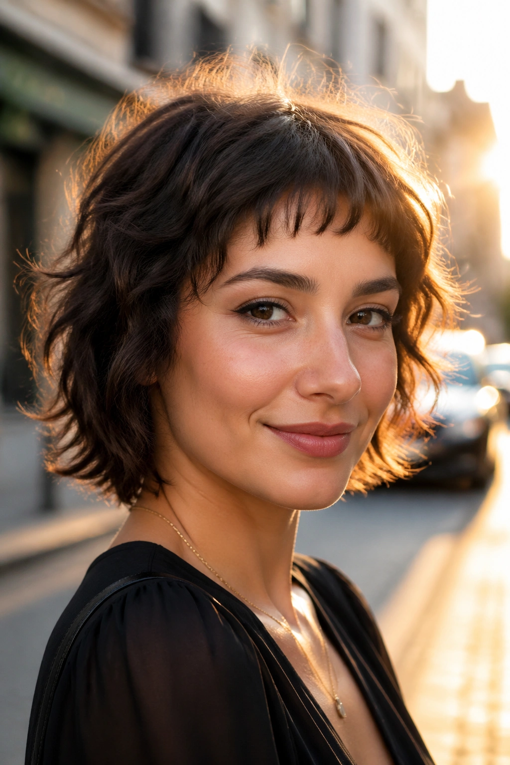 Close-up of a real woman with micro bangs and short wavy shag