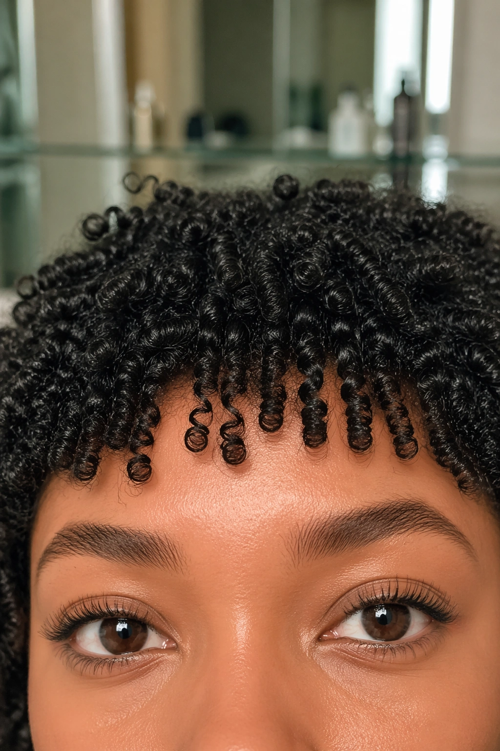 Close-up of short coily micro bangs on Black hair.