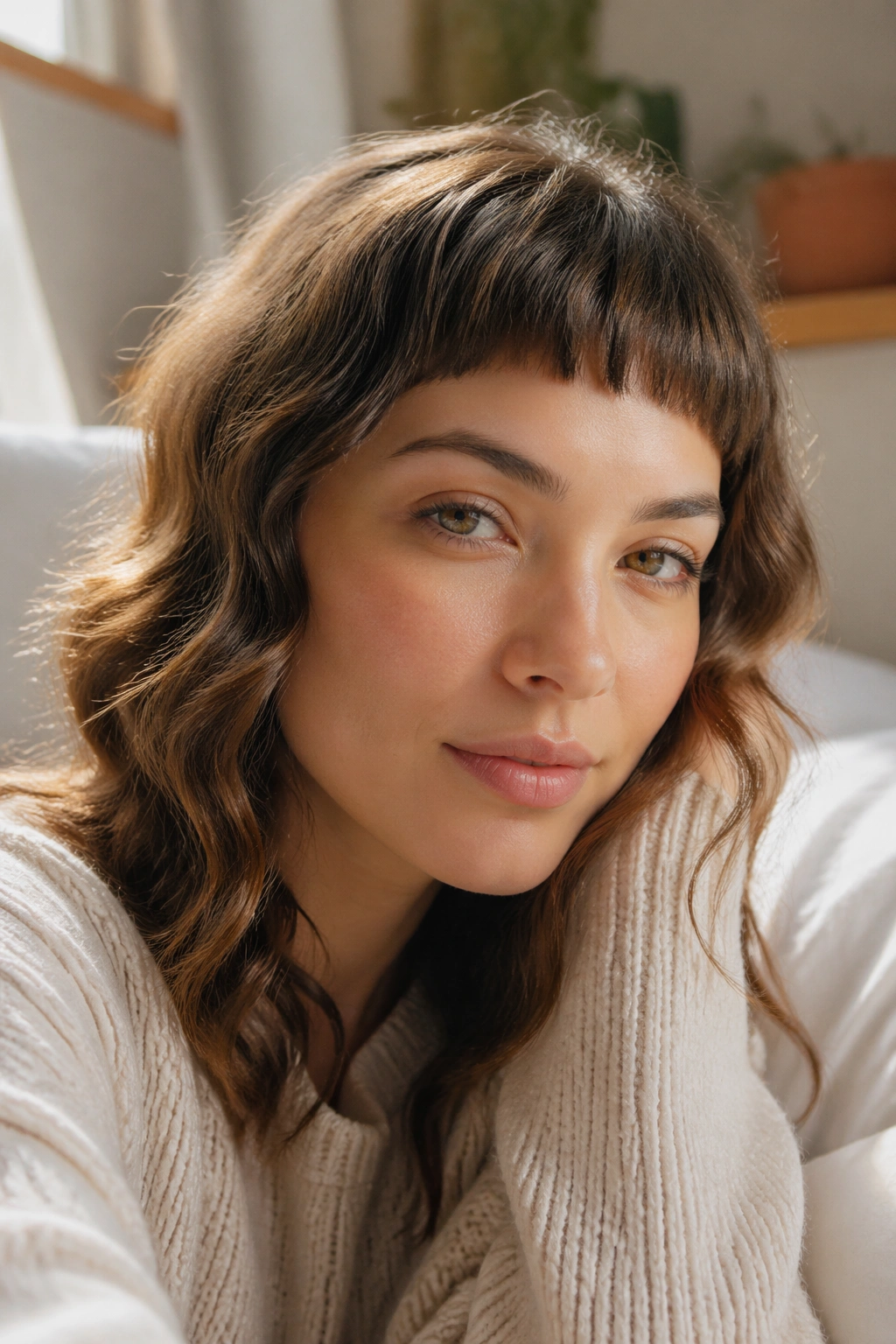 Close-up of a real woman with micro bangs and soft wave