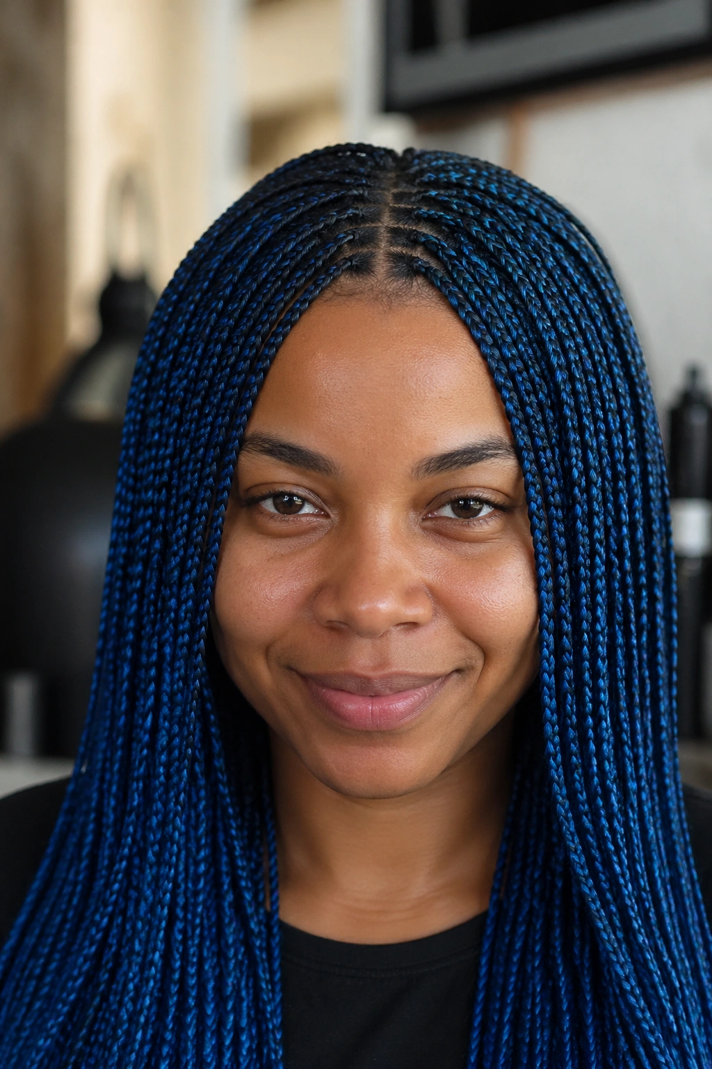 Close-up of micro blue box braids on a real person in a salon.