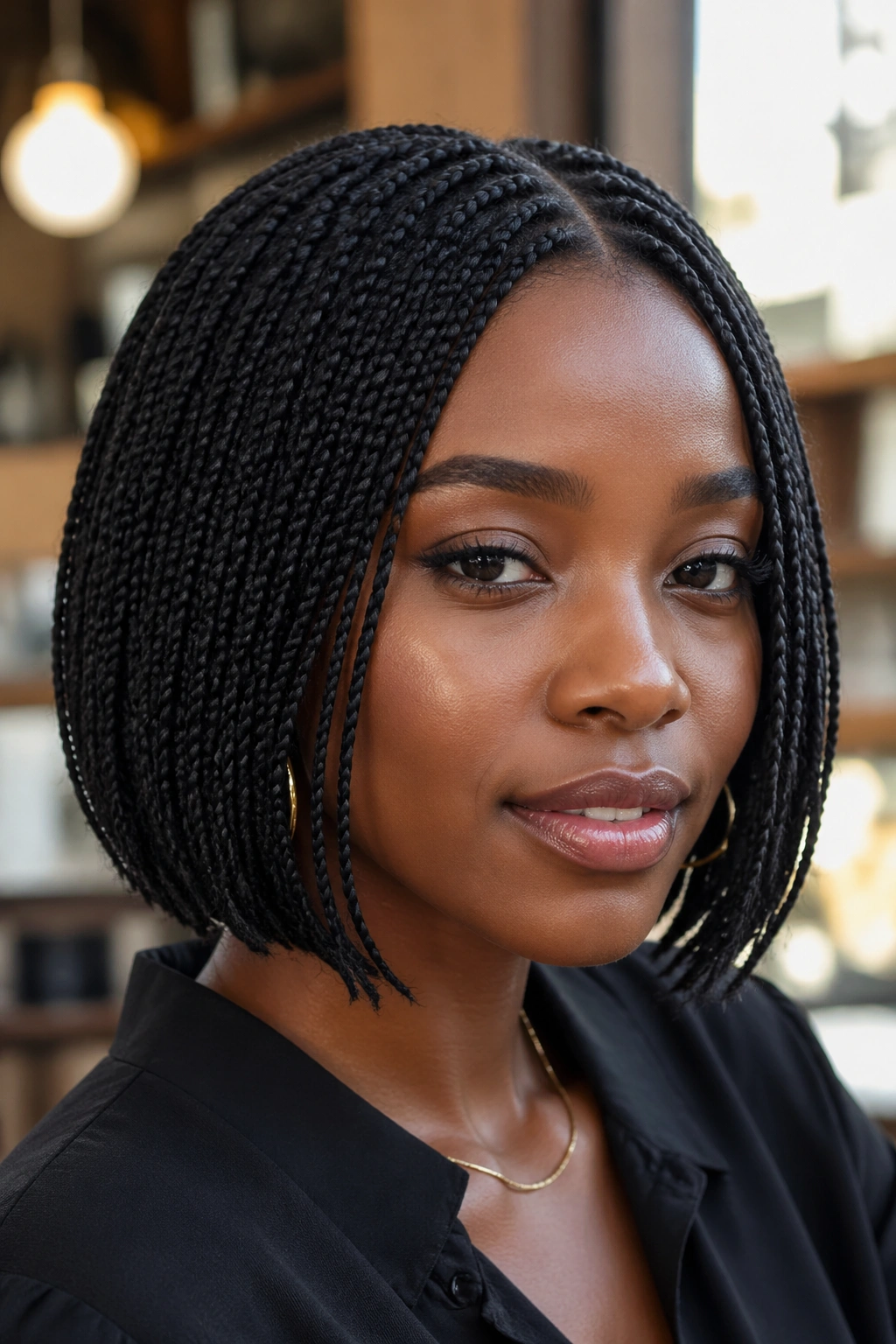 Extreme close-up of micro bob-length box braids on a real person