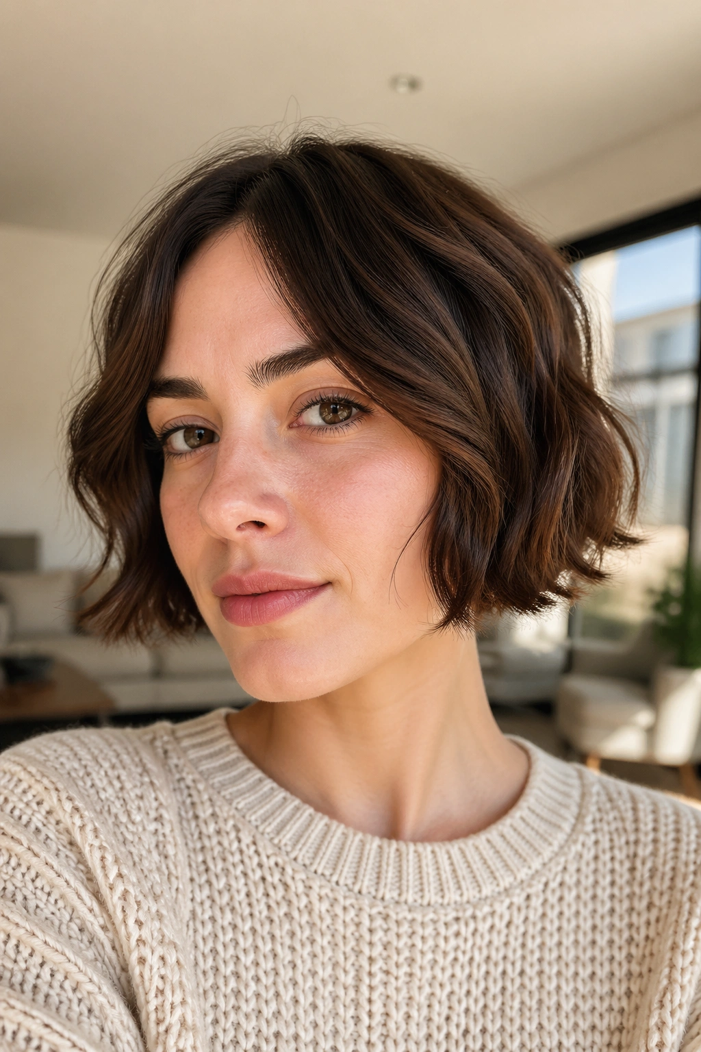 Close-up portrait of a real woman with a micro bob and soft bend in natural light
