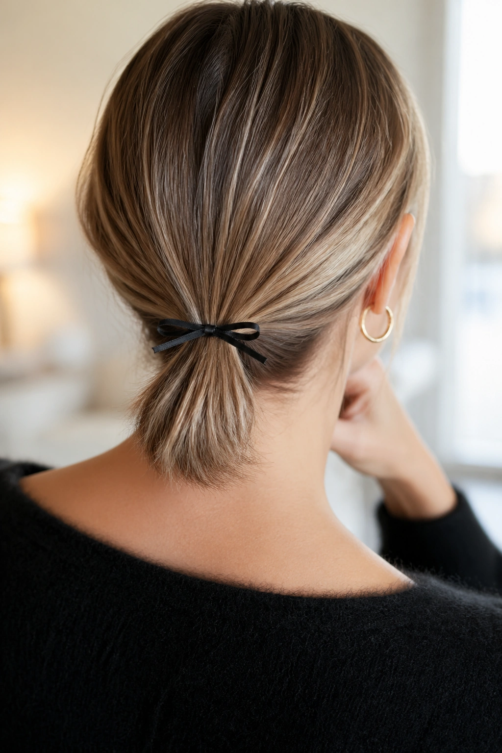 Back view of a real woman with short hair, tiny micro-bow at the nape of a low ponytail