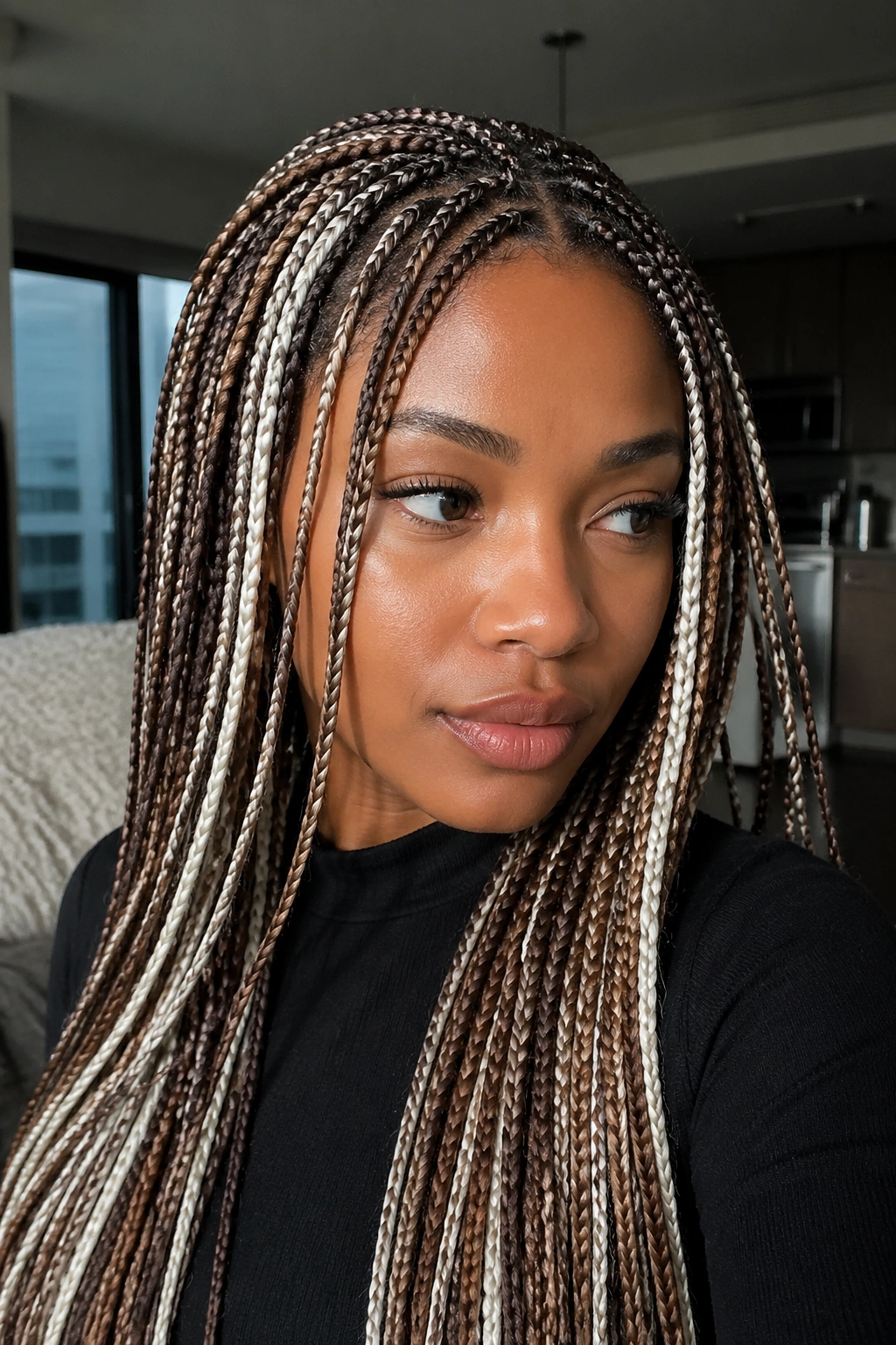 Close-up portrait of a real woman with micro brown and white box braids