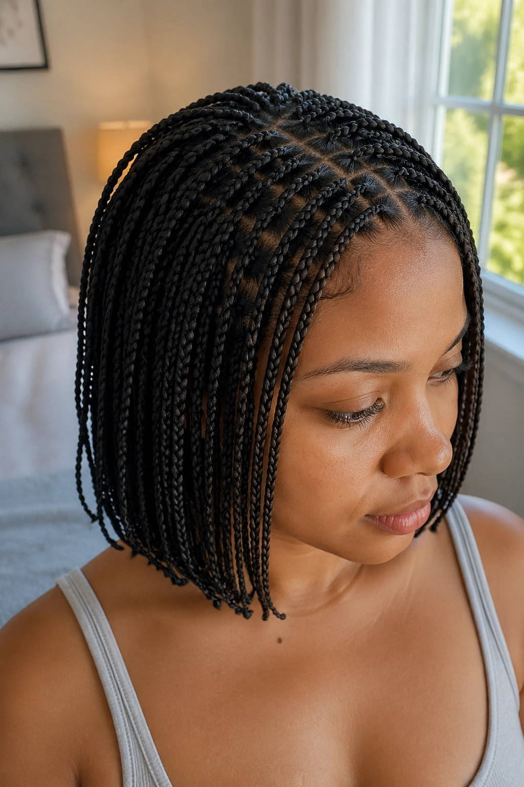 Close-up of a real person with micro short box braids near a bedroom window